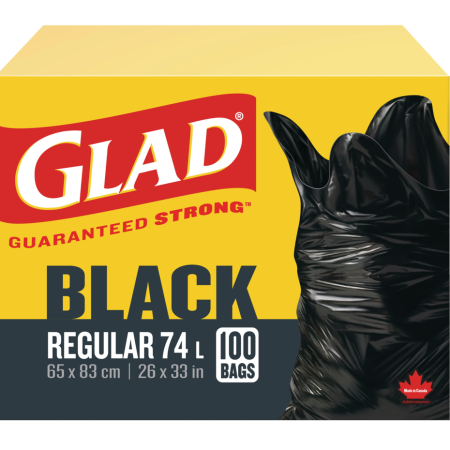 Glad Regular Easy-Tie Flap Indoor/Outdoor Garbage Bags, 100-pk, Black, 74-L