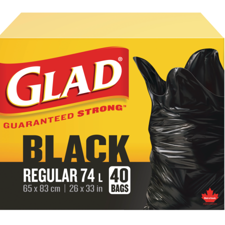 Glad Regular Easy-Tie Flap Indoor/Outdoor Garbage Bags, 40-pk, Black, 74-L