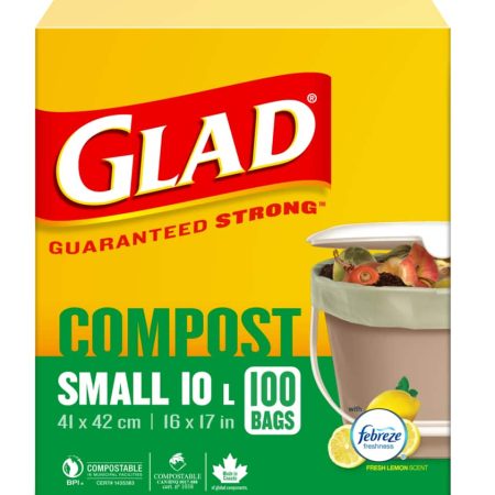 Glad Small 100% Compostable Febreze Lemon Scented Food Waste Bags, 100-pk, 10-L