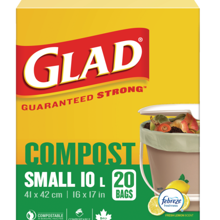 Glad Small 100% Compostable Febreze Lemon Scented Food Waste Bags, 20-pk, 10-L