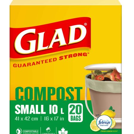 Glad Small 100% Compostable Febreze Lemon Scented Food Waste Bags, 20-pk, 10-L