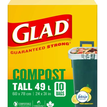 Glad Tall 100% Compostable Febreze Lemon Scented Food Waste Bags, 10-pk, 49-L