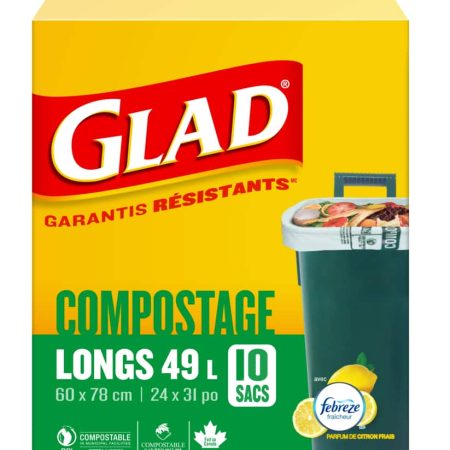 Glad Tall 100% Compostable Febreze Lemon Scented Food Waste Bags, 10-pk, 49-L