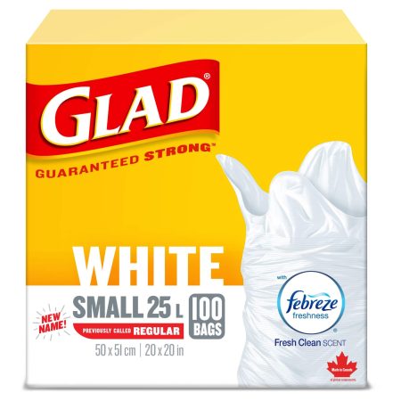 Glad Small Easy-Tie Flap Febreze Fresh Clean Scent Garbage Bags, 100-pk, White, 25-L