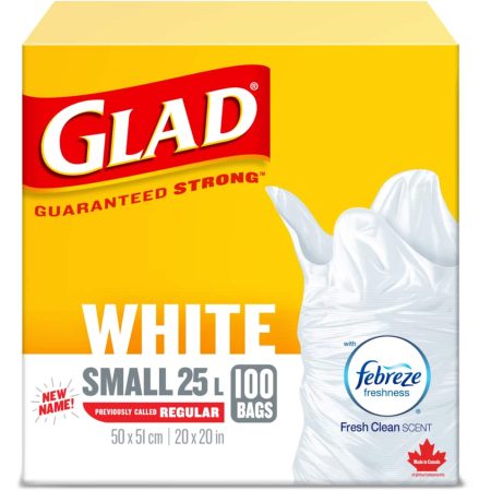 Glad Small Easy-Tie Flap Febreze Fresh Clean Scent Garbage Bags, 100-pk, White, 25-L