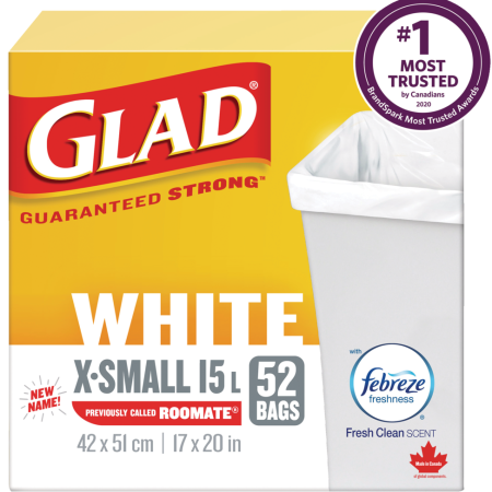 Glad Extra-Small Easy-Tie Flap Febreze Fresh Clean Scent Garbage Bags, 52-pk, White, 15-L