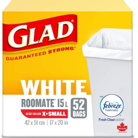 Glad Extra-Small Easy-Tie Flap Febreze Fresh Clean Scent Garbage Bags, 52-pk, White, 15-L