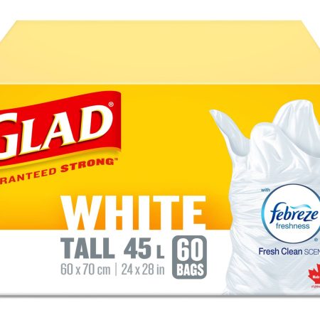 Glad Tall Easy-Tie Flap Febreze Fresh Clean Scent Garbage Bags, 60-pk, White, 45-L