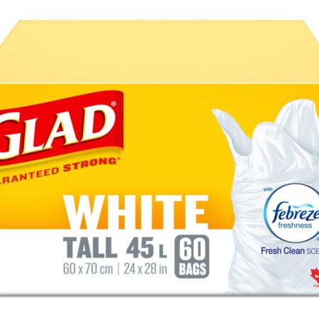 Glad Tall Easy-Tie Flap Febreze Fresh Clean Scent Garbage Bags, 60-pk, White, 45-L