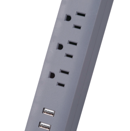 Globe 3-Outlet and 2 USB Port Power Bar Surge Protector, 6-ft  Cord, 300 Joules, Right Angle Plug,Grey