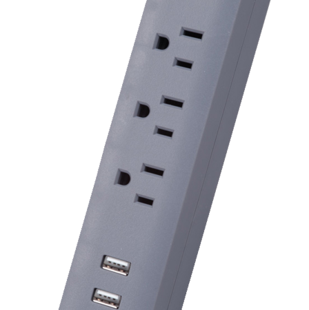 Globe 3-Outlet and 2 USB Port Power Bar Surge Protector, 6-ft  Cord, 300 Joules, Right Angle Plug,Grey