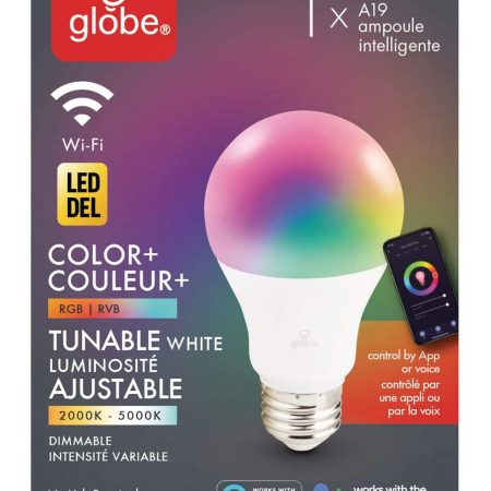 Globe Suite Electric A19 Smart Dimmable LED Light Bulb, 800 Lumens, Colour/Tunable White, 60W