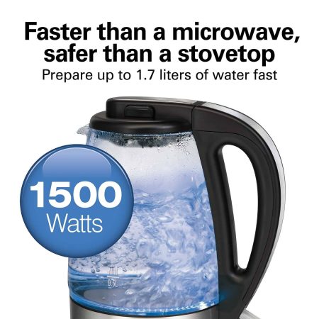 Hamilton Beach Cordless Electric Kettle w/ Auto Shut Off & Blue Light, Glass, 1.7L