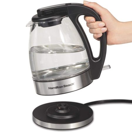 Hamilton Beach Cordless Electric Kettle w/ Auto Shut Off & Blue LED Light, Glass, 1L