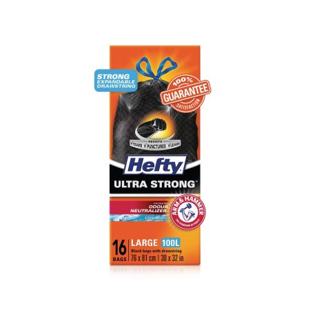 Hefty® ULTRA STRONG™ Large 100-L Black Garbage Bags with Drawstring & ARM & HAMMER™, 16-pk