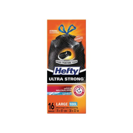 Hefty® ULTRA STRONG™ Large 100-L Black Garbage Bags with Drawstring & ARM & HAMMER™, 16-pk