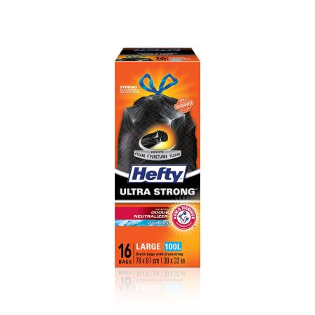 Hefty® ULTRA STRONG™ Large 100-L Black Garbage Bags with Drawstring & ARM & HAMMER™, 16-pk