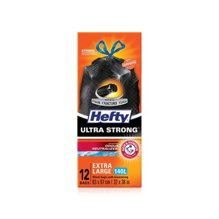 Hefty® ULTRA STRONG™ X-Large 140-L Black Garbage Bags with Drawstring & ARM & HAMMER™, 12-pk