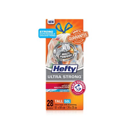 Hefty® ULTRA STRONG™ Tall 50-L Clear Multipurpose Garbage Bags with Drawstring & ARM & HAMMER™, 28-pk