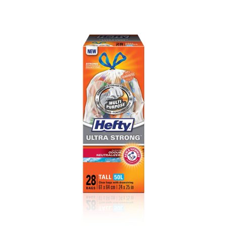 Hefty® ULTRA STRONG™ Tall 50-L Clear Multipurpose Garbage Bags with Drawstring & ARM & HAMMER™, 28-pk