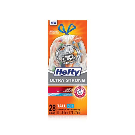 Hefty® ULTRA STRONG™ Tall 50-L Clear Multipurpose Garbage Bags with Drawstring & ARM & HAMMER™, 28-pk