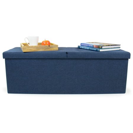 Humble Crew Harper Folding Storage Ottoman Bench with Padded Flip Lid, Blue, 43-in