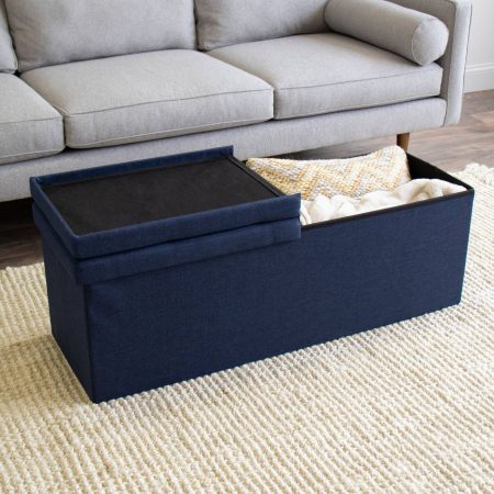 Humble Crew Harper Folding Storage Ottoman Bench with Padded Flip Lid, Blue, 43-in