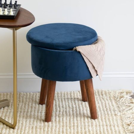 Humble Crew Sloan Velour Round Storage Ottoman, Blue, 16-in x 16-in x 19-in