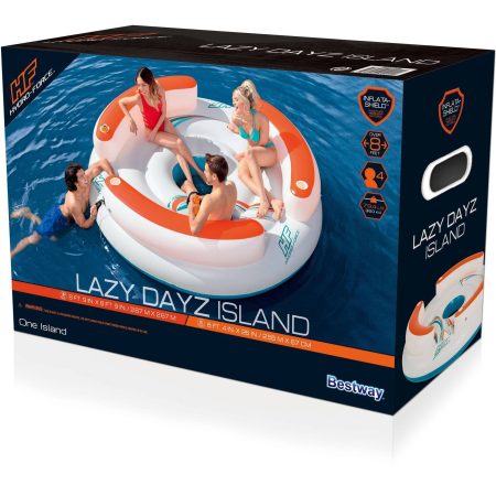 HydroForce™ Lazy Dayz Inflatable Floating River/Lake 6-Person Party Island w/Cupholders & Back Rest, White/Orange/Blue