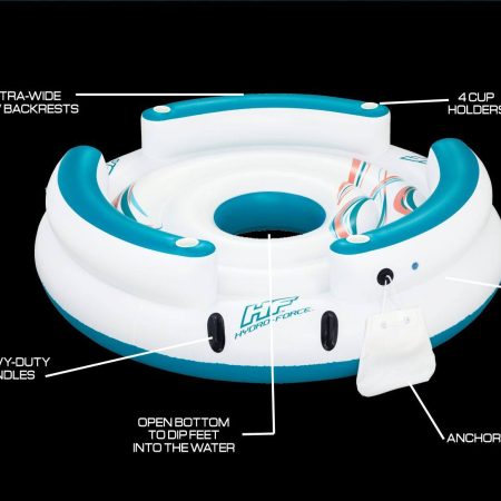 HydroForce™ Lazy Dayz Inflatable Floating River/Lake 6-Person Party Island w/Cupholders & Back Rest, White/Orange/Blue