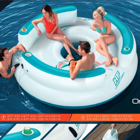 HydroForce™ Lazy Dayz Inflatable Floating River/Lake 6-Person Party Island w/Cupholders & Back Rest, White/Orange/Blue