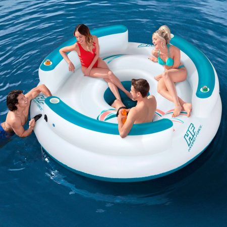 HydroForce™ Lazy Dayz Inflatable Floating River/Lake 6-Person Party Island w/Cupholders & Back Rest, White/Orange/Blue