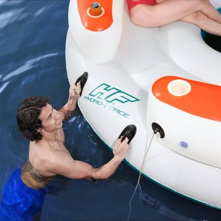 HydroForce™ Lazy Dayz Inflatable Floating River/Lake 6-Person Party Island w/Cupholders & Back Rest, White/Orange/Blue