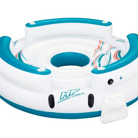 HydroForce™ Lazy Dayz Inflatable Floating River/Lake 6-Person Party Island w/Cupholders & Back Rest, White/Orange/Blue