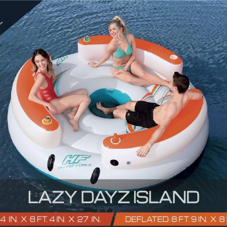 HydroForce™ Lazy Dayz Inflatable Floating River/Lake 6-Person Party Island w/Cupholders & Back Rest, White/Orange/Blue