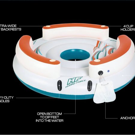 HydroForce™ Lazy Dayz Inflatable Floating River/Lake 6-Person Party Island w/Cupholders & Back Rest, White/Orange/Blue