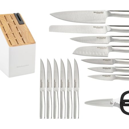 KitchenAid Stainless Knife Block Set, White, 15-pc