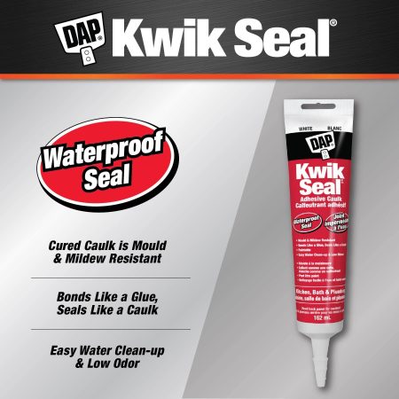 DAP Kwik Seal Kitchen & Bath Adhesive Caulk, Waterproof Seal, Paintable, White, 162-mL