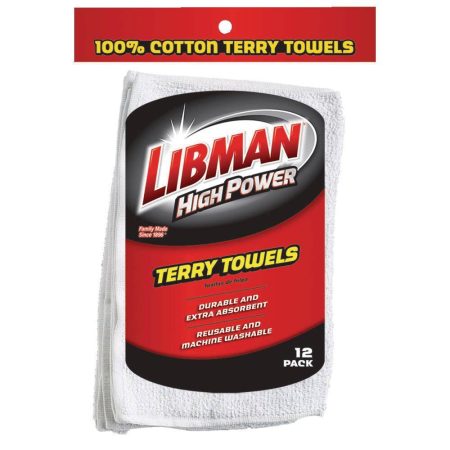 Libman All-Purpose Machine Washable 100% Cotton Terry Towels, White, 12-pk