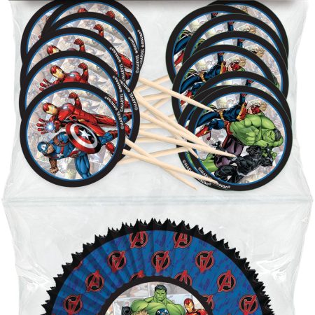 Disney Marvel Avengers Hulk/Black Panther/Iron Man Cupcake Decorating Kit with Baking Cups & Picks, Blue/Red, 2-in, 48-pk, for Birthday Party