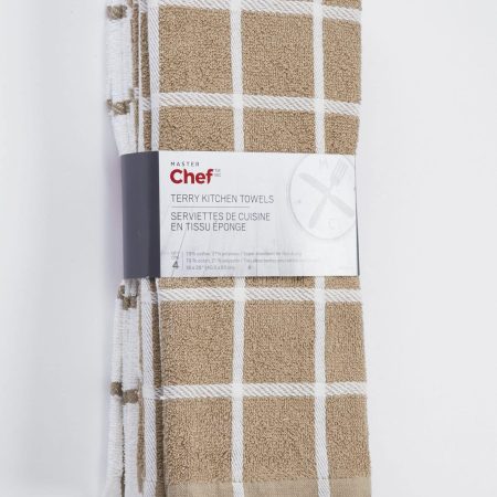 MASTER Chef Terry Cotton Checkered Kitchen Towels, Reusable, 16-in x 26-in, 4-pk, Brown/White