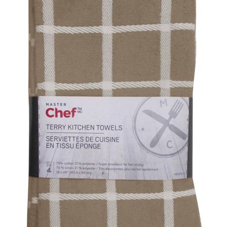 MASTER Chef Terry Cotton Checkered Kitchen Towels, Reusable, 16-in x 26-in, 4-pk, Brown/White