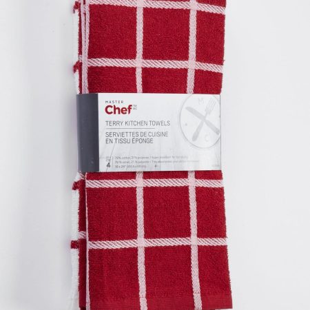 MASTER Chef Terry Cotton Checkered Kitchen Towels, Reusable, 16-in x 26-in, 4-pk, Red/White