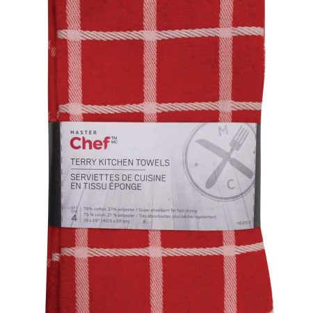 MASTER Chef Terry Cotton Checkered Kitchen Towels, Reusable, 16-in x 26-in, 4-pk, Red/White