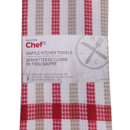 MASTER Chef Cotton Plaid Waffle Kitchen Towels, Reusable, 22-in x 32-in, 5-pk, Assorted Colours