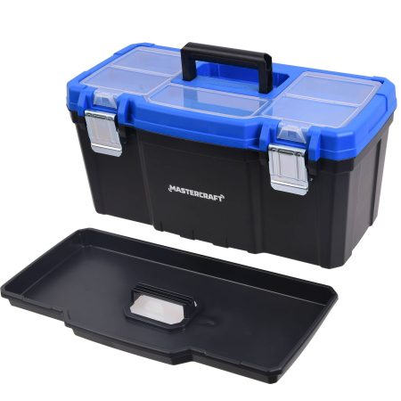 Mastercraft Portable Plastic Tool Box w/ Removable Tray & Tray Top, Blue, 19-in