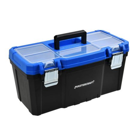 Mastercraft Portable Plastic Tool Box w/ Removable Tray & Tray Top, Blue, 19-in