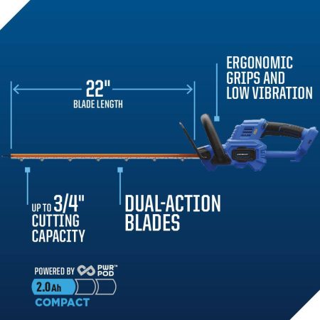 Mastercraft 20V Electric Hedge Trimmer with PWR POD 2.0Ah Battery, 22-in