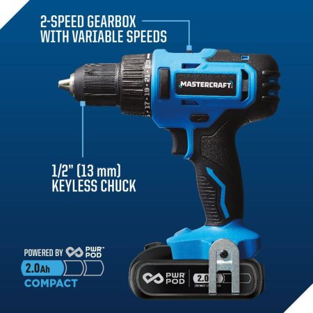 Mastercraft 20V Max Lithium-Ion Cordless Drill and Impact Wrench with 2 PWR POD 2.0 Ah Batteries & Charger Combo Kit