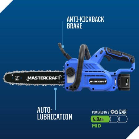 Mastercraft 20V Cordless Chainsaw, 12-in w/ PWR POD 4.0 Ah Battery